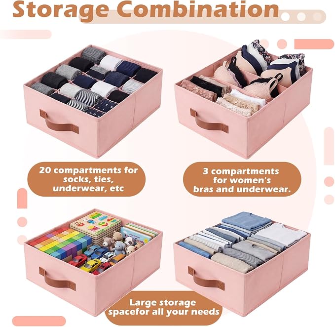 Windyun 4 in 1 Stackable Storage Drawers Closet Organizer with Dividers for Socks Underwear Bras Scarves Ties Large Dresser Organizer Bins Foldable Clothes Storage Boxes, 12 x 15 x 6 Inch(Pink)