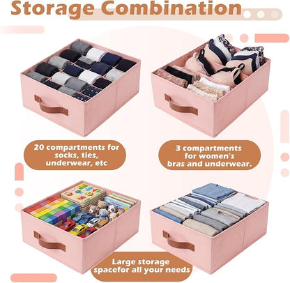 Windyun 4 in 1 Stackable Storage Drawers Closet Organizer with Dividers for Socks Underwear Bras Scarves Ties Large Dresser Organizer Bins Foldable Clothes Storage Boxes, 12 x 15 x 6 Inch(Pink)