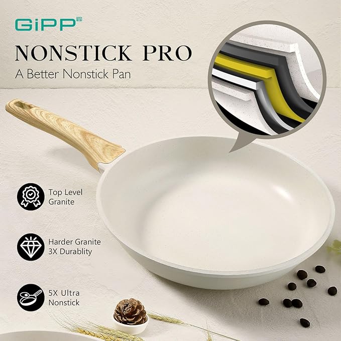 GiPP Non Stick Frying Pan Set - 9.5" 10.2" 11" Granite Nonstick Pan Skillet, Non Toxic Pans for Cooking, Omelette Pans with Stay Cool Handle, Induction Compatible, PFAS/PTFE/PFOA Free, White