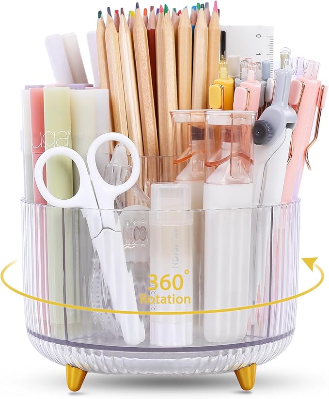 SKYDUE Rotating Pencil Pen Holder, Pen Organizer with 5 Slots - Aesthetic Desk Organizer and Accessories for School, Home, Office Supplies