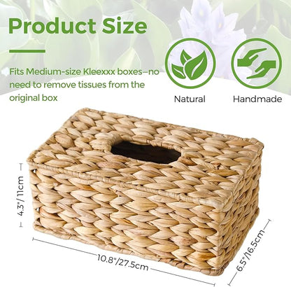 Rectangle Wicker Tissue Box Cover Fits 120-Count (3-Ply) / 160-Count (2-Ply) Boxes, Natural Rattan Woven Facial Tissue Holder, Decorative Tissue Box Holder for Bathroom, Living Room, Office & Desk