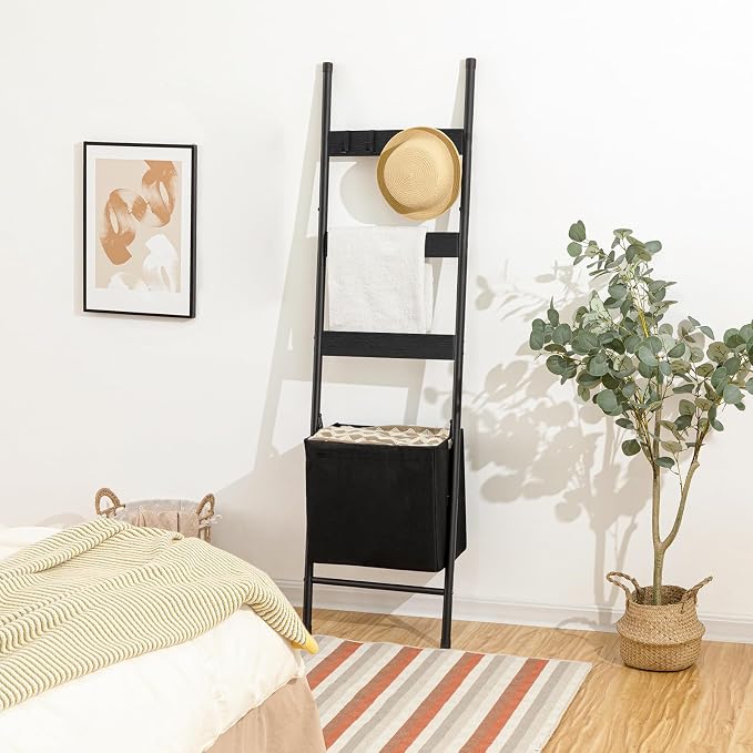 HOOBRO Blanket Ladder with Basket, 17.3”L x 63.4”H, Towel Rack with Hooks, Blanket Holder Rack, Decorative Ladder Shelf, Drying and Display Rack for Bathroom, Living Room, Black BB31CJ01