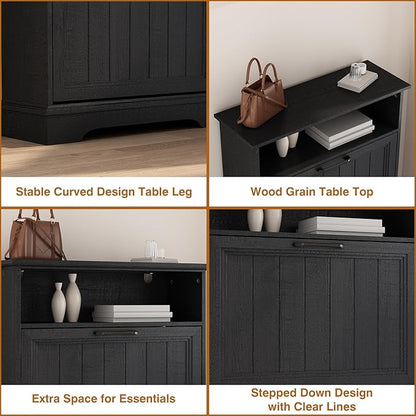 Shoe Storage Cabinet with 2 Flip Drawers, 24" W Farmhouse Modern Hidden Shoes Rack Cabinet with Adjustable Shelves & Open Storage, Narrow Slim Shoe Organizer for Front Door Entrance, Entryway, Black
