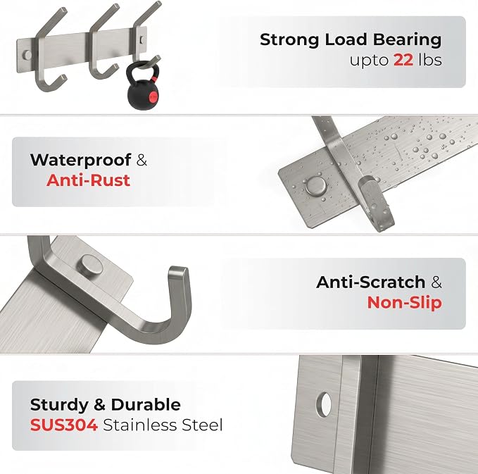 Small Coat Rack Wall Mount – Brushed Nickel 9 Inch Stainless Steel Hook Rail with 3 Heavy Duty Double Coat Hooks – Wall Mounted Coat Hanger for Entryway, Bathroom, Bedroom, Hat Organizer - 2 Pack