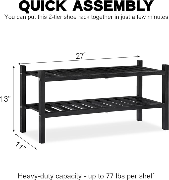 2 Tier Acacia Wood Shoe Rack, Shoe Storage Shelf, Stackable Organizer for Closet, Entryway Shoe Stand, Hallway, Garage, Wooden Shoe Storage Rack, Indoor, Outdoor (Black)