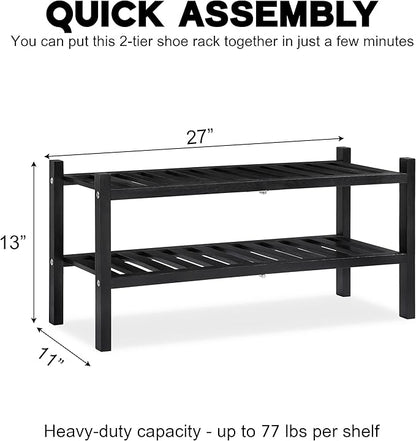 2 Tier Acacia Wood Shoe Rack, Shoe Storage Shelf, Stackable Organizer for Closet, Entryway Shoe Stand, Hallway, Garage, Wooden Shoe Storage Rack, Indoor, Outdoor (Black)