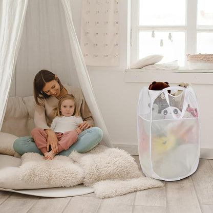 TECHMILLY Pop Up Foldable Laundry Basket, Mesh Laundry Hamper with Reinforced Handles for Dirty Clothes Storage in Dorm, Laundry Room, Bathroom, White(Fabric)