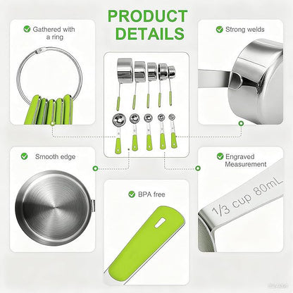 Measuring Cups and Spoons Set Stainless Steel 10 Piece for Cooking and Baking (5 Cups + 5 Spoons, Green Handle)