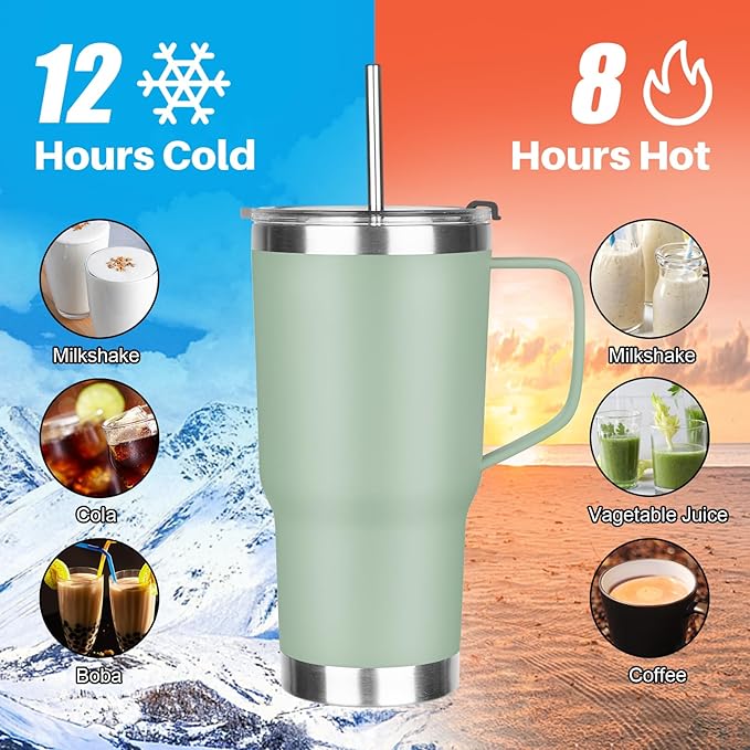 20 oz Tumbler with Handle, Stainless Steel Insulated Tumbler with Lid and Straw, Double Wall Vacuum Coffee Mug Tumbler, Insulated Coffee Thermal Cup for Cold and Hot (Matcha)