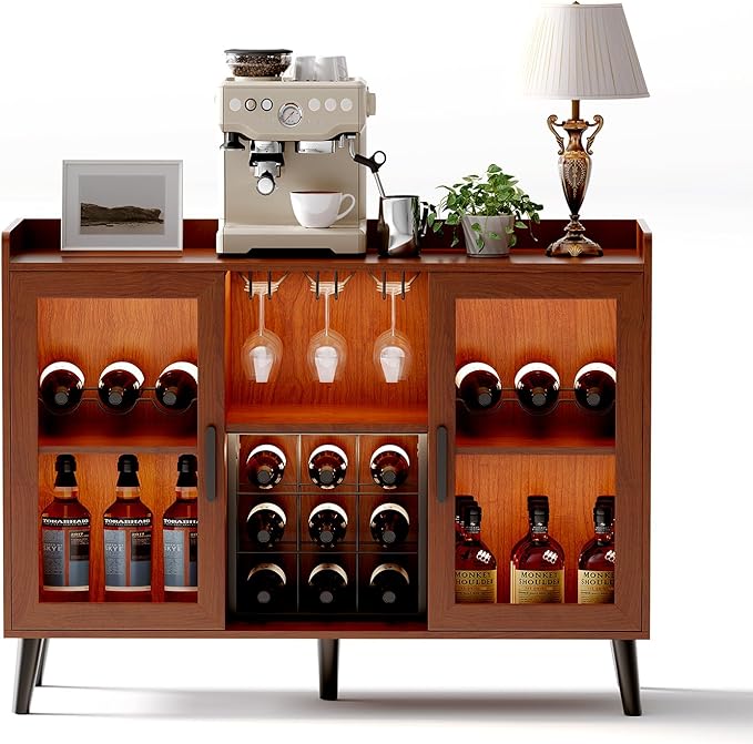 Garvee Modern Wine Bar Cabinet with LED Light, Wood Kitchen Coffee Bar Home Liquor Cabinets with Glass Holder, Doors and Wine Racks Buffet Sideboard with Storage for Living Room