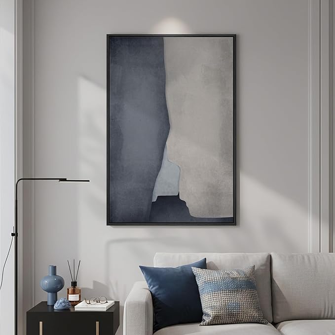 Framed Blue Abstract Wall Art, 1 Piece Large Modern Canvas Prints Paintings Artwork for Walls, Minimalist Blue Gray Cool Tones Pictures for Living Room Bedroom Dining Room Hallway Wall Decor 24x36 In