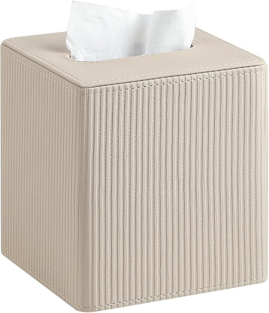 Tissue Box Cover Square with Magnetic Closure, PU Leather Tissue Box Holder for Bathroom NightStands Livingroom, Decorative Modern Square Tissue Holder (Beige)