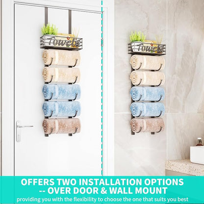 HapiRm Towel Racks for Bathroom Storage - 6 Tier Over The Door & Wall Mount Rolled Towel Storage Organizer Holder with Metal Shelf Basket for Small Bathroom, Camper, Rv - Patented