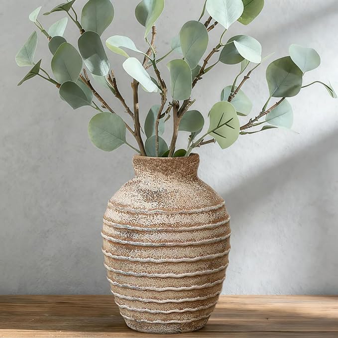 NEBRYX Ceramic Flower Vase, 6.7 inch Farmhouse Rustic Vintage Vases for Home Decor Table Living Room Entryway Book Shelf Fireplace Centerpiece (Rust)
