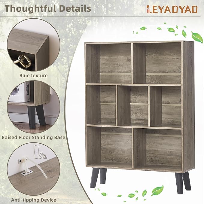 LEYAOYAO Cube Bookshelf 3 Tier Mid-Century Retro Grey Modern Bookcase with Legs,Retro Wood Bookshelves Storage Organizer Shelf,Freestanding Open Book Shelves for Bedroom,Living Room,Office