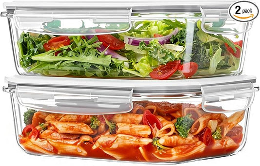 Vtopmart 2Pack 1500ml/50.7oz Large Glass Storage Containers with Lids, Meal Prep Food Container Set with Snap Airtight Lid for Baking, Microwave, Oven, Leak Proof, for Freezer, Dishwasher, Grey