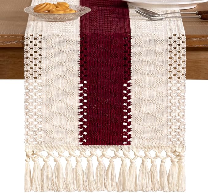 Socomi Boho Table Runner Macrame Long Valentine's Day Farmhouse Woven Cotton Linen Rustic Coffee Table Runner with Tassels for Dresser Scarf Home Decor Dining Room 12x108 in Burgundy Ivory