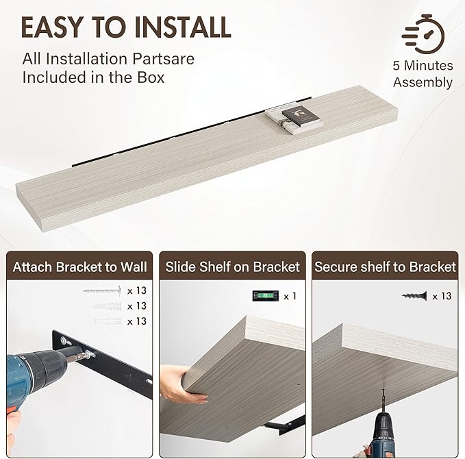 Acovy 72 Inch Floating Shelves, 12" Deep Floating Shelf Wall Mounted, 72" Wall Shelves, Rustic Deep Bookshelf, Extra Deeper & Thicker Display Shelves for Bedroom, Living Room, Gray, Set of 1