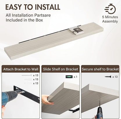 Acovy 72 Inch Floating Shelves, 12" Deep Floating Shelf Wall Mounted, 72" Wall Shelves, Rustic Deep Bookshelf, Extra Deeper & Thicker Display Shelves for Bedroom, Living Room, Gray, Set of 1
