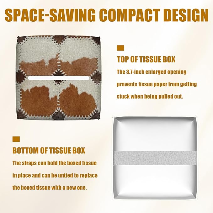 Brown Cowhide Tissue Box Cover 2PCS, Cow Skin Leather Tissue Box Holder Square Facial Paper Case Tissue Box Cube Organizer for Bathroom Bedroom Desk Office