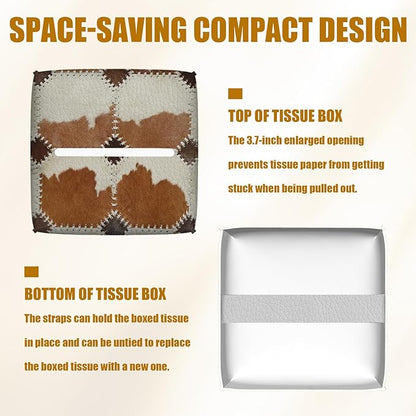 Brown Cowhide Tissue Box Cover 2PCS, Cow Skin Leather Tissue Box Holder Square Facial Paper Case Tissue Box Cube Organizer for Bathroom Bedroom Desk Office