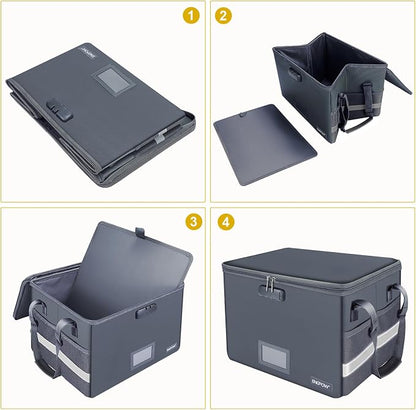 ENGPOW File Box with Lock, Fireproof Document Box with Pockets, Collapsible File Organizer Filing Storage Cabinet with Handle, Portable Home Office Safe for Hanging Letter/Legal Folders,Gray,2 Pack
