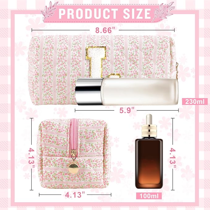 Personalized Quilted Cosmetic Bag, Puffy Monogrammed Christmas Birthday Gifts for Women & Girls, Cute initial Floral Makeup Bag Puffer Coquette Bag, Aesthetic Travel Toiletry Zipper Pouch(Pink,L)