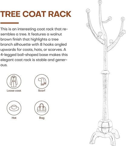Coat Rack Freestanding Wood Tree Rack with 8 Hooks, Creative Design Tree Branch-look, Coat Tree Clothes Hanger Stand with Stable Sphere Base for Entryway, Hallway, Bedroom - Load 160lbs (Light Brown)