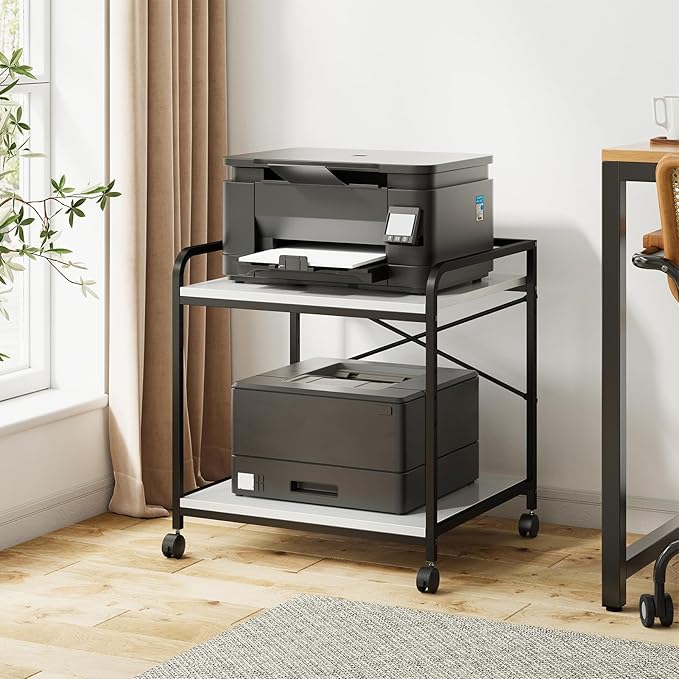 Warmiehomy 2 Tier Printer Stand with Storage, 22 Inches(55cm x 50cm) Under Desk Rolling Printer Cart with Height Adjustable Shelf, Large Printer Table for Home Office, White