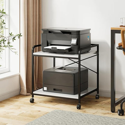 Warmiehomy 2 Tier Printer Stand with Storage, 22 Inches(55cm x 50cm) Under Desk Rolling Printer Cart with Height Adjustable Shelf, Large Printer Table for Home Office, White