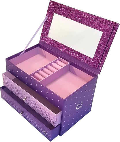 Girls' Purple Glitter Jewelry Box with Mirror and Compartments, 8.5 x 5 x 5 inches