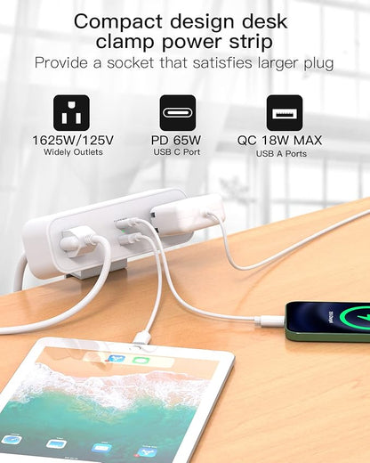 Desk Clamp Power Strip, 65W 10ft Extension Cord- 2 Outlets Desktop Power Strip with USB C 65W, USB A(QC 18W) Desktop Desk Clamp Power Station for Office, Home