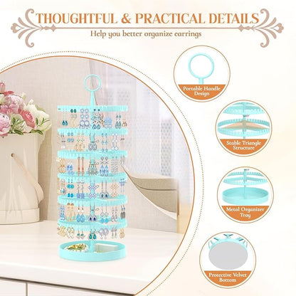 iDavosic.ly 6 Tier Rotating Earring Holder Organizer with Metal Tray, Adjustable Plastic Dangle Display Stands Tree with 342 Grooves, Large Hoop Storage Rack Tower, Blue