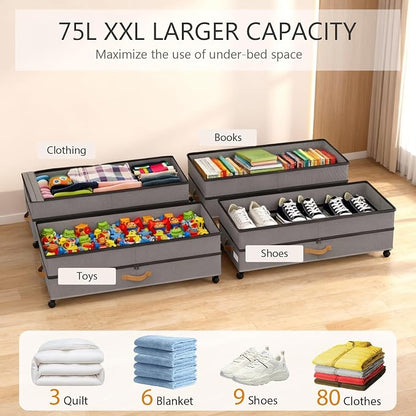 Under Bed Storage with Wheels 2-Pack, 75L XXL Under the Bed Storage Containers Large, 12" Tall Adjustable Storage for Underbed with Lids, Rolling for Clothes, Shoes, Blankets (4PCS-Grey)