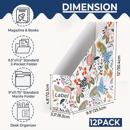 EXYGLO 12 Pack Magazine File Holder, Cardboard Magazine Rack with Label, Foldable Storage Organizer Box for Book, Documents, Floral Design, 9.9x3.3x12 Inches