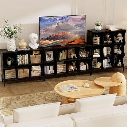 6 Cube Book Shelf, Low and Short Bookshelf, Long Cube Storage Organizer Wood TV Stand, Toy Organization DVD Cabinets for Living Room, Office, Bedroom, Dorm, Dark Brown with Dark Brown Top