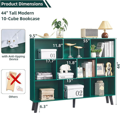 LEYAOYAO 10 Cube Bookshelf, 3 Tier Vintage 55" Wide Bookcase with Legs, Mid-Century Wood Bookshelves Storage, Dark Green Large Book Case, Freestanding Organizer Display Shelf for Living Room, Office