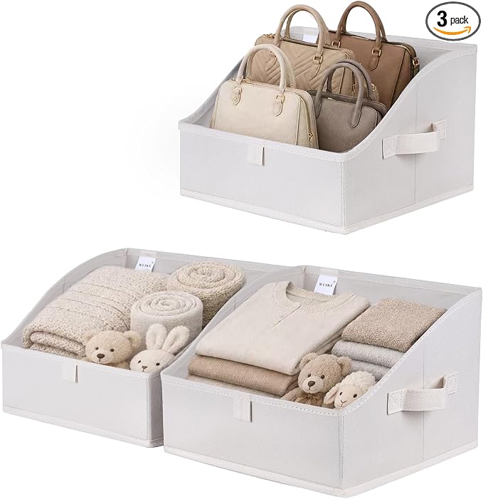 WUIKE Closet Storage Bins, Large Trapezoid Storage Boxes with Handles, Fabric Storage Baskets for Organizing Clothes, Sheets, Blankets, Decorative Storage Bins, White & Beige