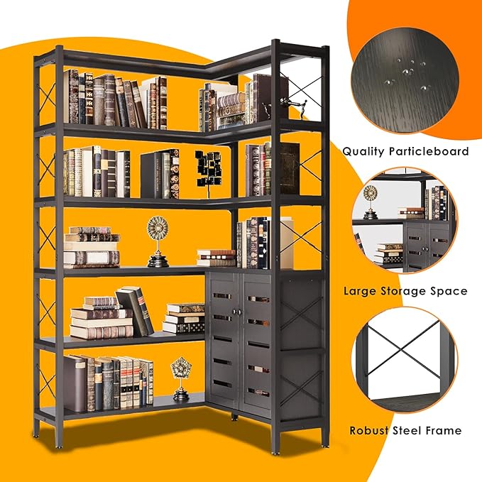 Wildhome 6-Shelf Corner Bookshelf, Vintage Industrial Corner Shelf Etagere Bookcase, Large Book Shelf with Metal Frame Open Storage Corner Cabinet (Black-Lockers)
