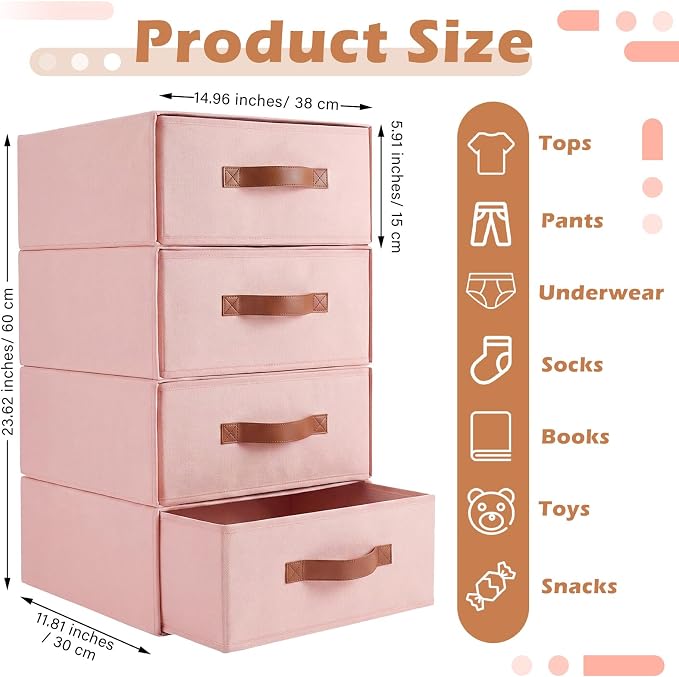 Windyun 4 in 1 Stackable Storage Drawers Closet Organizer with Dividers for Socks Underwear Bras Scarves Ties Large Dresser Organizer Bins Foldable Clothes Storage Boxes, 12 x 15 x 6 Inch(Pink)