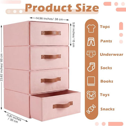 Windyun 4 in 1 Stackable Storage Drawers Closet Organizer with Dividers for Socks Underwear Bras Scarves Ties Large Dresser Organizer Bins Foldable Clothes Storage Boxes, 12 x 15 x 6 Inch(Pink)
