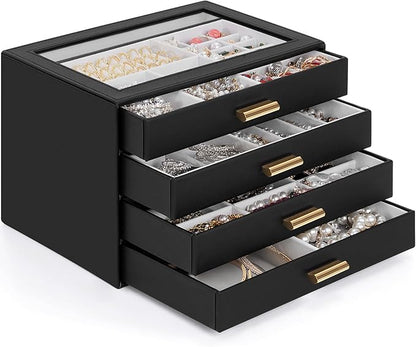 AKOZLIN Jewelry Box with Clear Lid Functional Leather Jewelry Storage Organizer Case 4 Drawers for Women Girls Necklace Ring Bracelet Earring