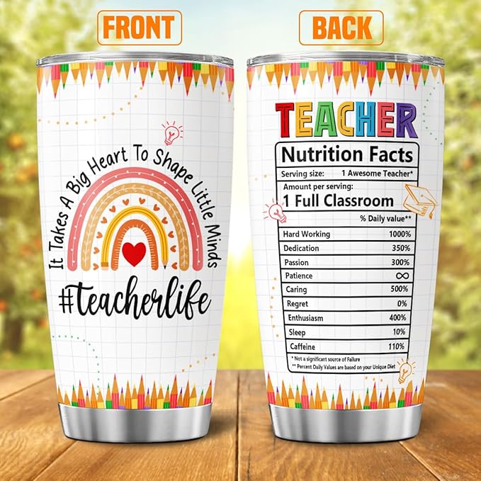 Teacher Appreciation Gift for Women, Rainbow Design Insulated 20oz Stainless Steel Tumbler, Thoughtful Thank You Travel Cup for Daycare, Preschool, Back to School