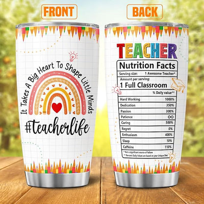 Teacher Appreciation Gift for Women, Rainbow Design Insulated 20oz Stainless Steel Tumbler, Thoughtful Thank You Travel Cup for Daycare, Preschool, Back to School