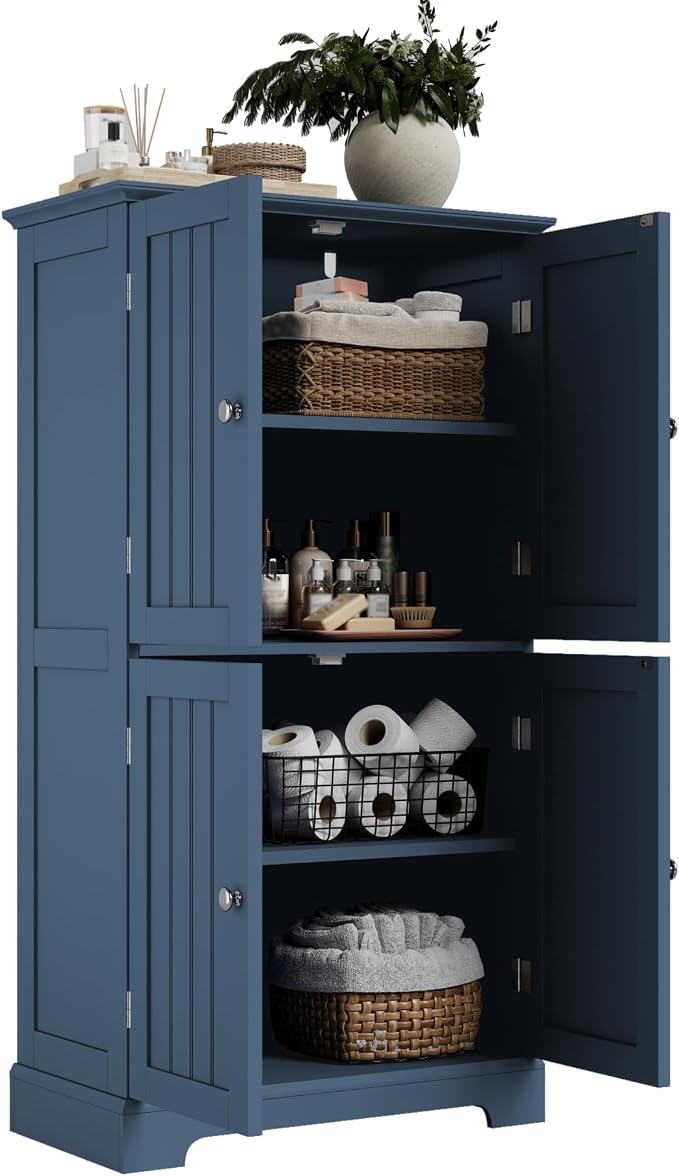 ChooChoo Bathroom Floor Cabinet, Modern Bathroom Storage Cabinet with 4 Doors and Adjustable Shelves, Freestanding Cupboard for Living Room, Blue