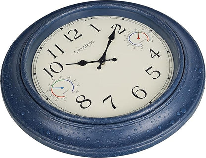 18 Inch Large Outdoor Wall Clock with Thermometer & Hygrometer – Vintage Farmhouse Weather Station for Patio, Pool, Garden – Waterproof Rust-Proof Blue Clock