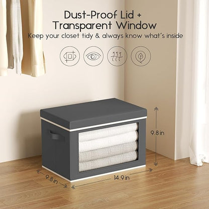 Collapsible Storage Bins with Lids - Stackable Storage Containers with Window, 6 Pack Fabric Cube Bins for Closet, Home & Office Organization Baskets, Dark Gray, 14.9" x 9.8" x 9.8"