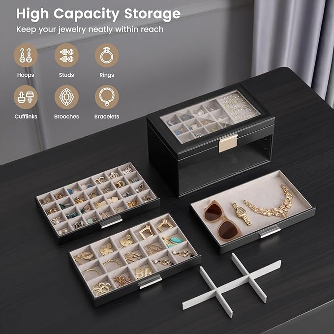 Lolalet Earring Storage Box Case with Glass Top, Large Earring Jewelry Holder Organizer Display with Drawer and Grid, Mothers Day Gifts -4 Tiers, Black
