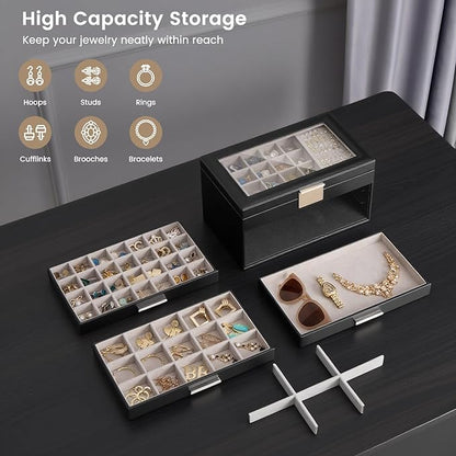 Lolalet Earring Storage Box Case with Glass Top, Large Earring Jewelry Holder Organizer Display with Drawer and Grid, Mothers Day Gifts -4 Tiers, Black