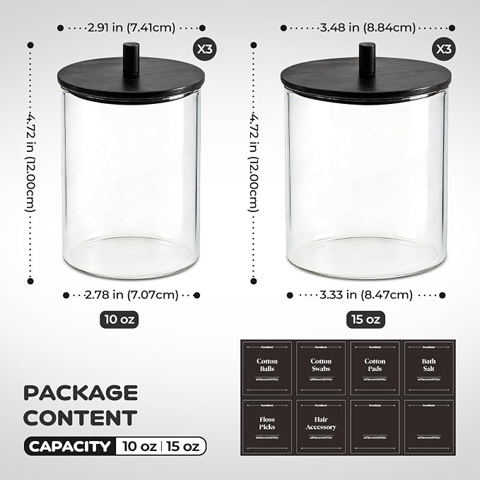 Glass Qtip Holder Dispenser Set - 15oz & 10oz Cotton Swab Holder with Black Wooden Lids, Bathroom Canisters Apothecary Jar Vanity Storage Organizer for Cotton Balls, Floss Picks (6 Pack)